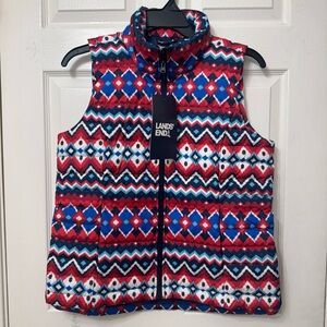 Lands' End Puffer Vest Women’s Medium Multi Color Chevron Fairisle Print Zipup